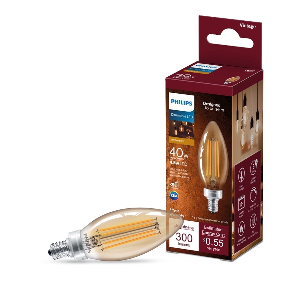 Philips LED 40-Watt B11 Filament Light Bulb, Amber, Dimmable, E12 (1-Pack)